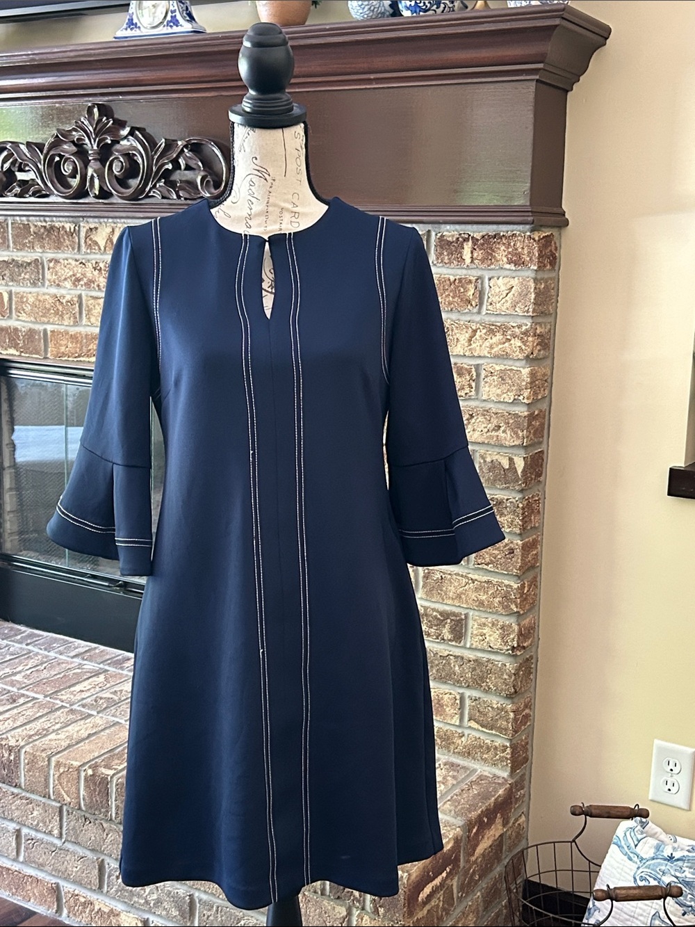 New York & Company Navy Midi A-Line Dress with Contrast Stitching